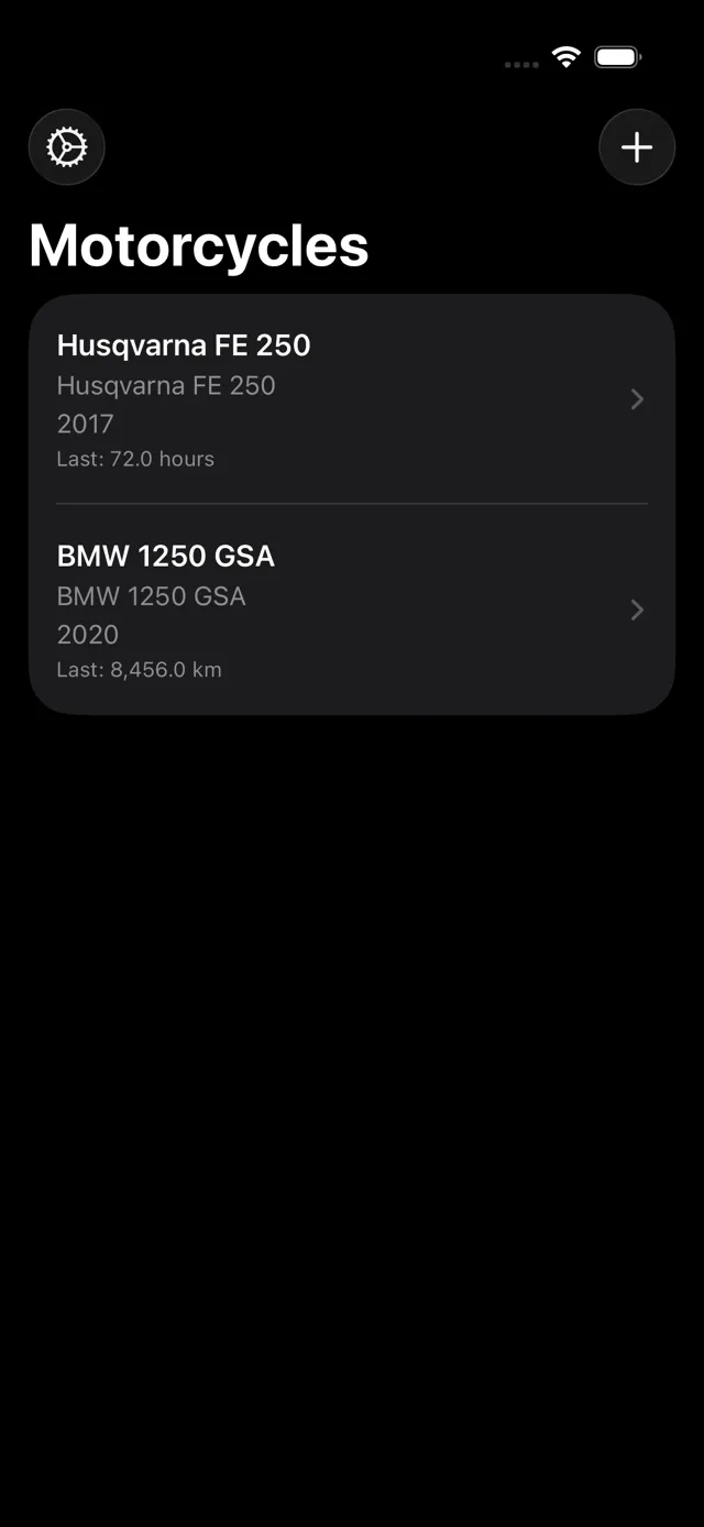 Motorcycles screen showing a Husqvarna and BMW in dark mode