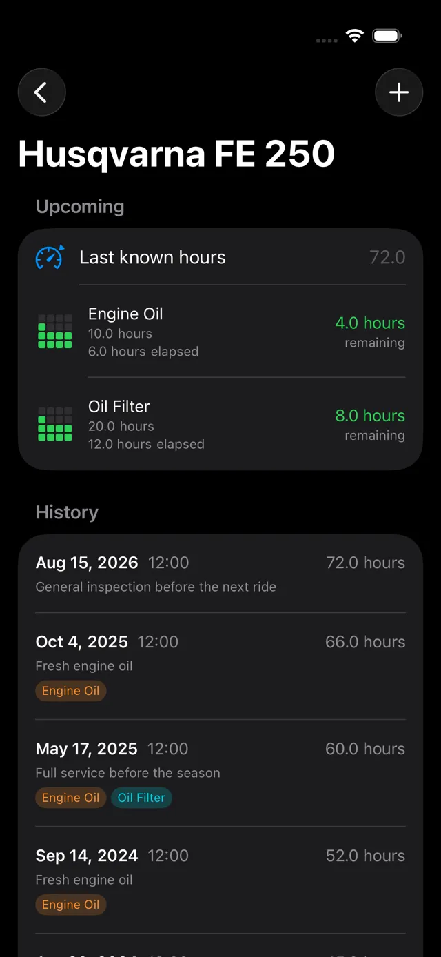 Maintenance screen showing upcoming oil service and service history in dark mode