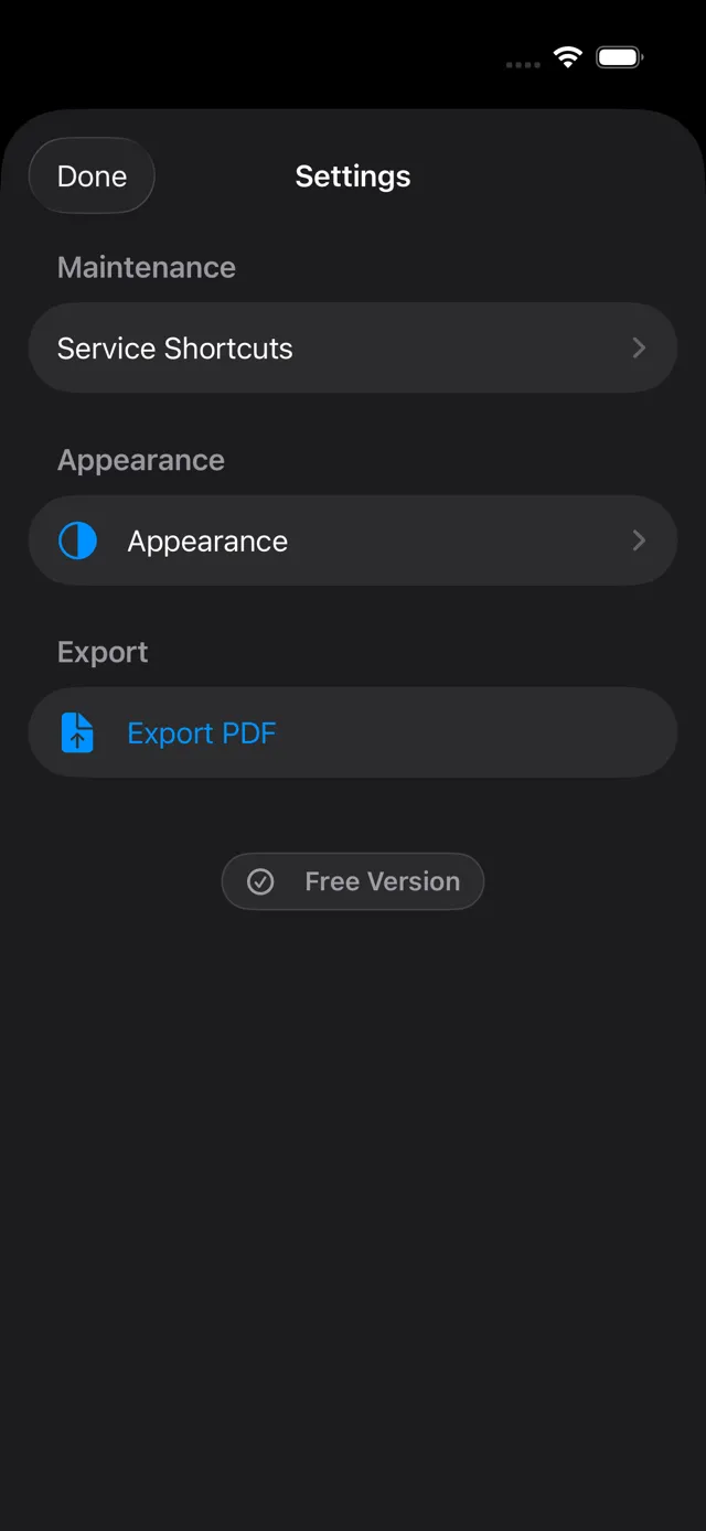 Settings screen showing shortcuts, appearance, PDF export, and subscription status in dark mode